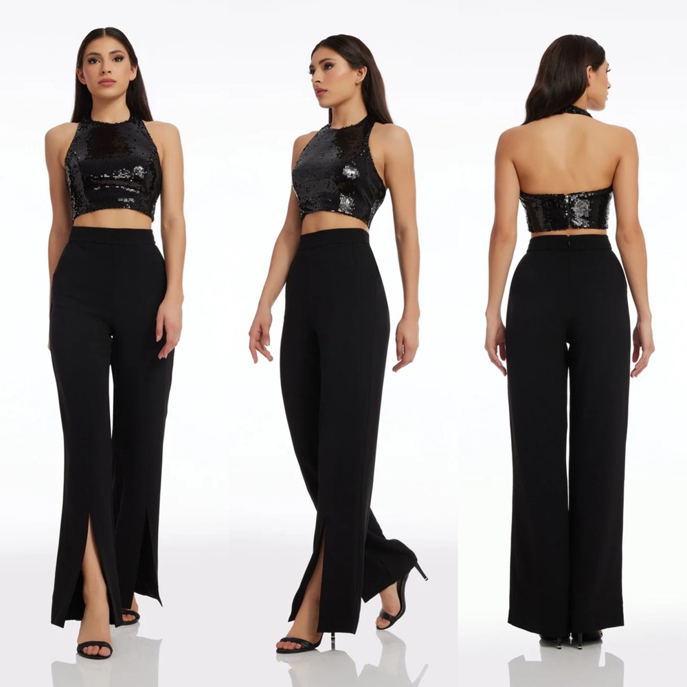 NWT DRESS THE POPULATION Ashton Off White Wide Leg Slit Hem Pants M
